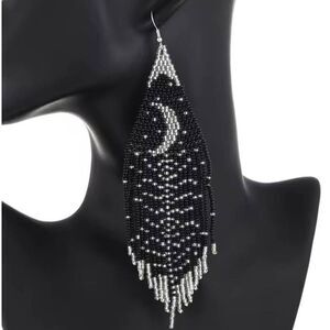 NWOT Celestial Crescent Moon Dangle Beaded Fringe Earrings - 5.5"